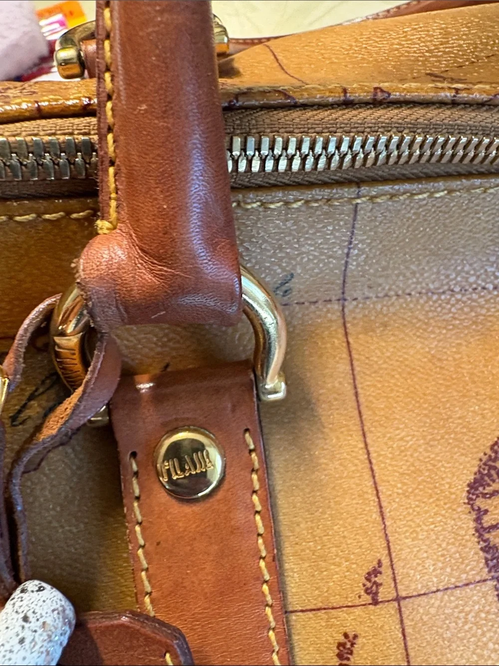 Alviero Martini Tan and Brown Geo-Print Leather Duffel